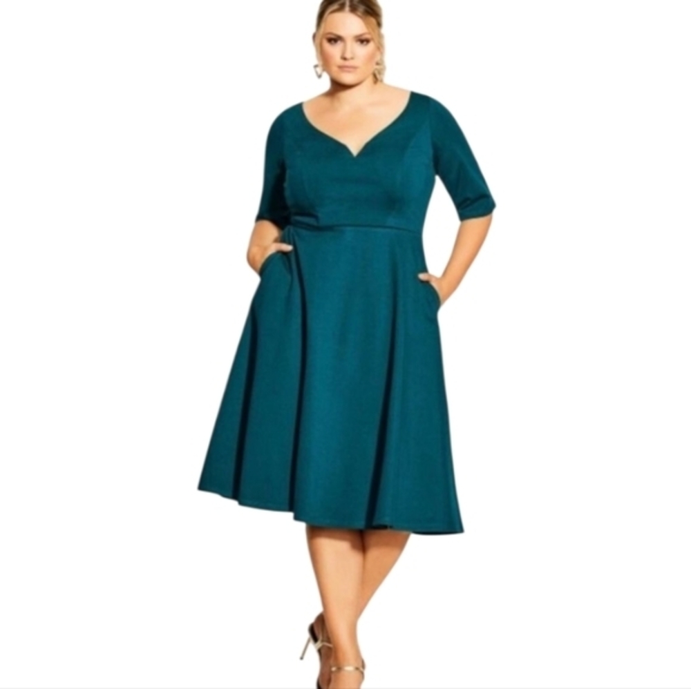 City Chic Teal Fit‎ and Flare Midi Dress Plus Size V Neck Elbow Sleeve Plus 20